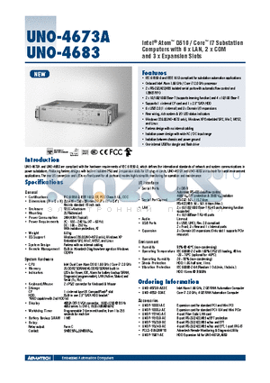 UNO-4673A datasheet - Intel^ Atom D510 / Core i7 Substation Computers with 6 x LAN, 2 x COM and 3 x Expansion Slots