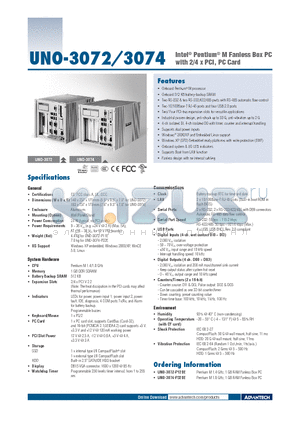 UNO-3074-P32BE datasheet - Intel^ Pentium^ M Fanless Box PC with 2/4 x PCI, PC Card