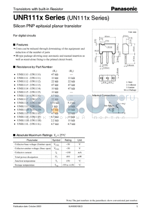 UNR111L datasheet - Silicon PNP epitaxial planer transistor