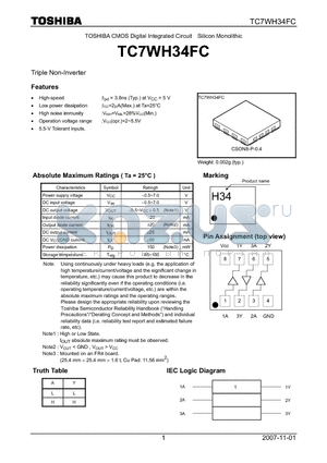 TC7WH34FC datasheet - CMOS Digital Integrated Circuit Silicon Monolithic Triple Non-Inverter
