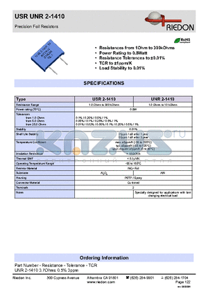 UNR2-1410 datasheet - Precision Foil Resistors