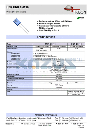 UNR2-0710 datasheet - Precision Foil Resistors