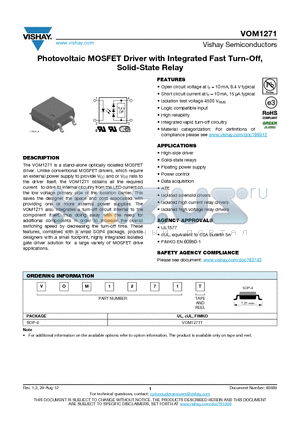 VOM1271 datasheet - Photovoltaic MOSFET Driver with Integrated Fast Turn-Off, Solid-State Relay