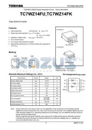TC7WZ14FU datasheet - CMOS Digital Integrated Circuit Silicon Monolithic Triple Schmitt Inverter