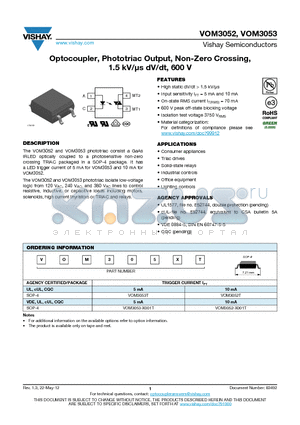 VOM3053-X001T datasheet - Optocoupler, Phototriac Output, Non-Zero Crossing, 1.5 kV/ls dV/dt, 600 V