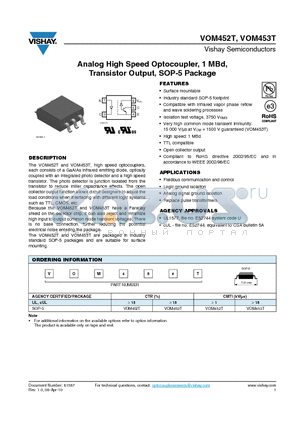 VOM452T datasheet - Analog High Speed Optocoupler, 1 MBd, Transistor Output, SOP-5 Package