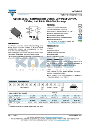 VOS615A-1T datasheet - Optocoupler, Phototransistor Output, Low Input Current, SSOP-4, Half Pitch, Mini-Flat Package
