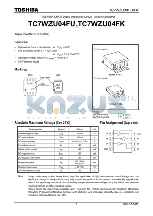 TC7WZU04FU datasheet - CMOS Digital Integrated Circuit Silicon Monolithic Triple Inverter (Un-Buffer)