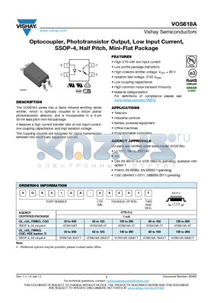 VOS618A datasheet - Optocoupler, Phototransistor Output, Low Input Current, SSOP-4, Half Pitch, Mini-Flat Package