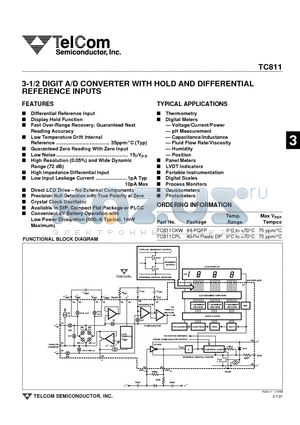 TC811CPL datasheet - 3-1/2 DIGIT A/D CONVERTER WITH HOLD AND DIFFERENTIAL REFERENCE INPUTS