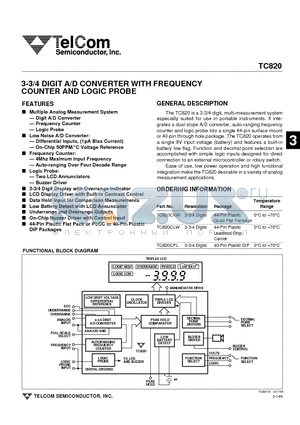 TC820CLW datasheet - 3-3/4 DIGIT A/D CONVERTER WITH FREQUENCY COUNTER AND LOGIC PROBE