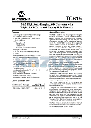 TC815 datasheet - 3-1/2 Digit Auto-Ranging A/D Converter with Triplex LCD Drive and Display Hold Function