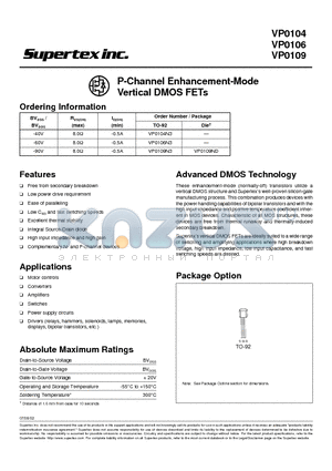 VP0109ND datasheet - P-Channel Enhancement-Mode Vertical DMOS FETs