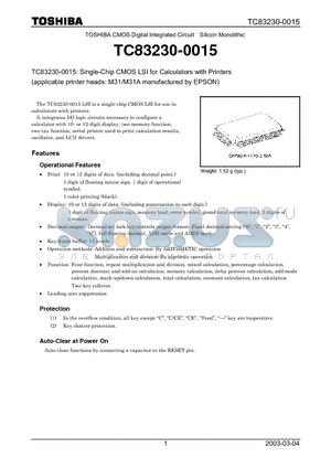 TC83230-0015 datasheet - TC83230-0015: Single-Chip CMOS LSI for Calculators with Printers
