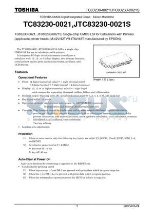 TC83230-0021 datasheet - Single-Chip CMOS LSI for Calculators with Printers
