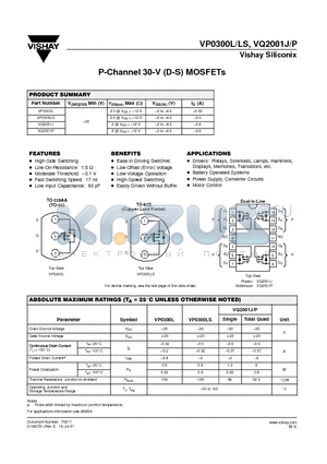 VP0300L datasheet - P-Channel 30-V (D-S) MOSFETs