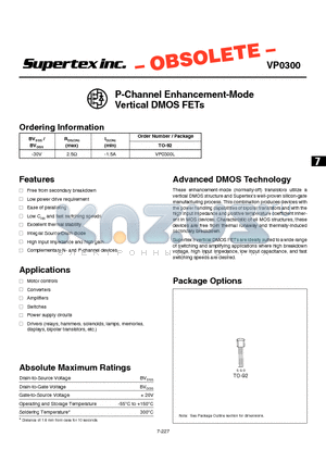 VP0300 datasheet - P-Channel Enhancement-Mode Vertical DMOS FETs