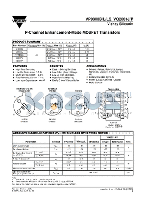 VP0300B datasheet - P-Channel Enhancement-Mode MOSFET Transistors