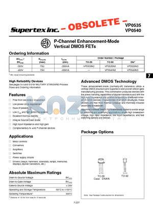 VP0540 datasheet - P-Channel Enhancement-Mode Vertical DMOS FETs