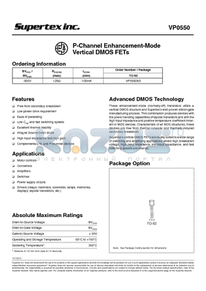 VP0550 datasheet - P-Channel Enhancement-Mode Vertical DMOS FETs