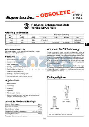 VP0645 datasheet - P-Channel Enhancement-Mode Vertical DMOS FETs