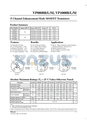 VP0808B datasheet - P-Channel Enhancement-Mode MOSFET Transistors