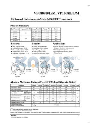 VP0808L datasheet - P-Channel Enhancement-Mode MOSFET Transistors