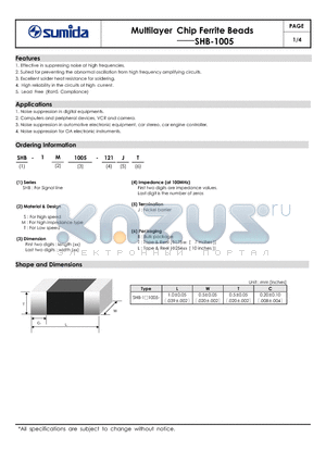 SHB-1M1005-121 datasheet - Multilayer Chip Ferrite Beads