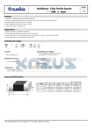 SHB-1L1608-110JB datasheet - Multilayer Chip Ferrite Beads