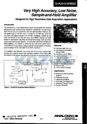 SHA2410 datasheet - Very High Accuracy, Low Noise, Sample-and-Hold Amplifier