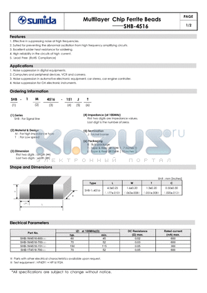 SHB-1M4516-600 datasheet - Multilayer Chip Ferrite Beads
