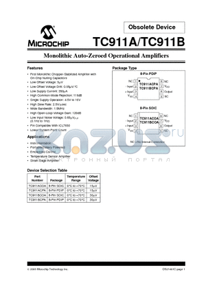 TC911A datasheet - Monolithic Auto-Zeroed Operational Amplifiers