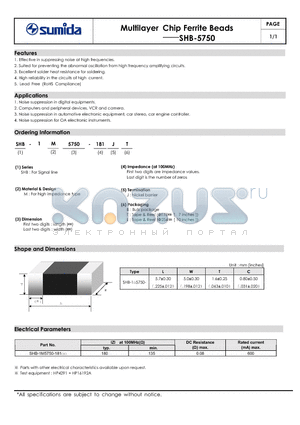 SHB-1M5750-181JB datasheet - Multilayer Chip Ferrite Beads