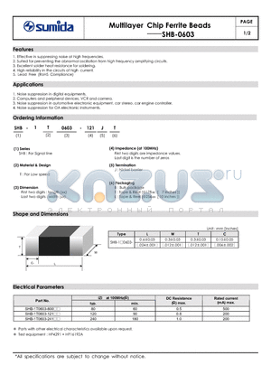 SHB-1T0603-800 datasheet - Multilayer Chip Ferrite Beads