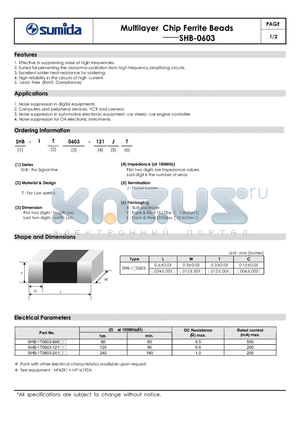 SHB-1T0603-241 datasheet - Multilayer Chip Ferrite Beads