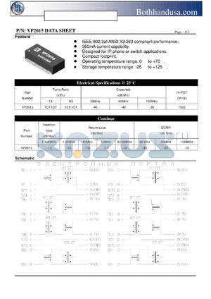 VP2015 datasheet - 10/100 BASE-TX VOICE OVER IP MAGNETICS