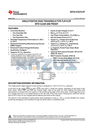 SN74LVC2G74-EP datasheet - SINGLE POSITIVE EDGE TRIGGERED D-TYPE FLIP-FLOP WITH CLEAR AND PRESET