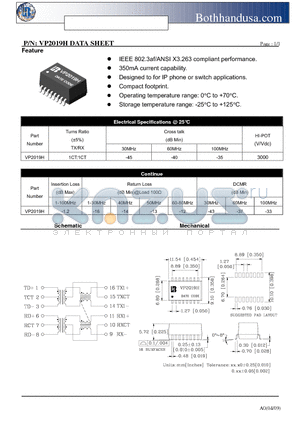 VP2019H datasheet - 10/100 BASE-TX VOICE OVER IP MAGNETICS