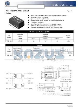 VP2019X datasheet - 10/100 BASE-TX VOICE OVER IP MAGNETICS