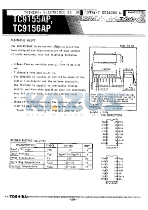 TC9156AP datasheet - The TC9155/56AP is an optimum C2MOS IC which has been designed for electronization of tone control of audio equipment with the following features