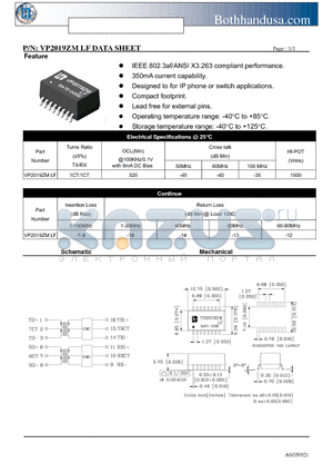 VP2019ZMLF datasheet - 10/100 BASE-TX VOICE OVER IP MAGNETICS