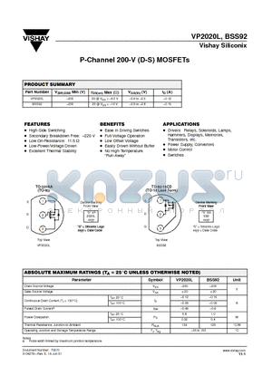 VP2020L datasheet - P-Channel 200-V (D-S) MOSFETs