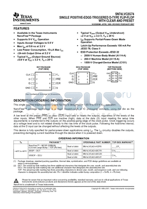 SN74LVC2G74DCUTE4 datasheet - SINGLE POSITIVE-EDGE-TRIGGERED D-TYPE FLIP-FLOP WITH CLEAR AND PRESET