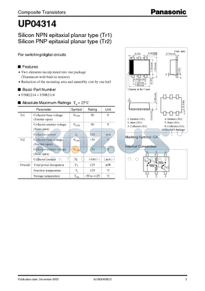 UP04314 datasheet - Silicon NPN epitaxial planar type (Tr1) / Silicon PNP epitaxial planar type (Tr2)