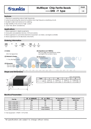 SHB-1Y1608-200 datasheet - Multilayer Chip Ferrite Beads