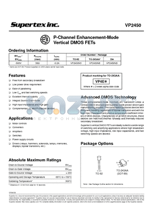 VP2450 datasheet - P-Channel Enhancement-Mode Vertical DMOS FETs