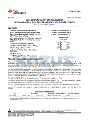 SN74LVC2T45-Q1 datasheet - DUAL-BIT DUAL-SUPPLY BUS TRANSCEIVER WITH CONFIGURABLE VOLTAGE TRANSLATION AND 3-STATE OUTPUTS