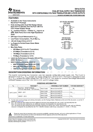 SN74LVC2T45 datasheet - DUAL-BIT DUAL-SUPPLY BUS TRANSCEIVER WITH CONFIGURABLE VOLTAGE TRANSLATION AND 3-STATE OUTPUTS