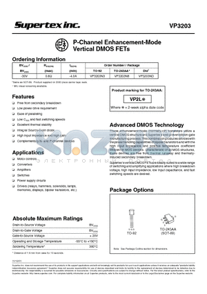 VP3203N3 datasheet - P-Channel Enhancement-Mode Vertical DMOS FETs