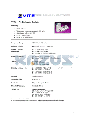 VPA1 datasheet - VPA1 14 Pin Dip Crystal Oscillators